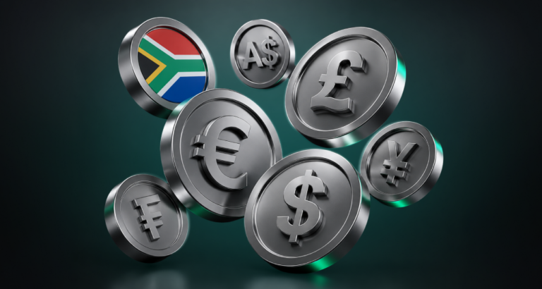 Metallic 3D coins with currency symbols — South African flag, A$, GBP, EUR, USD, JPY — on a dark green background